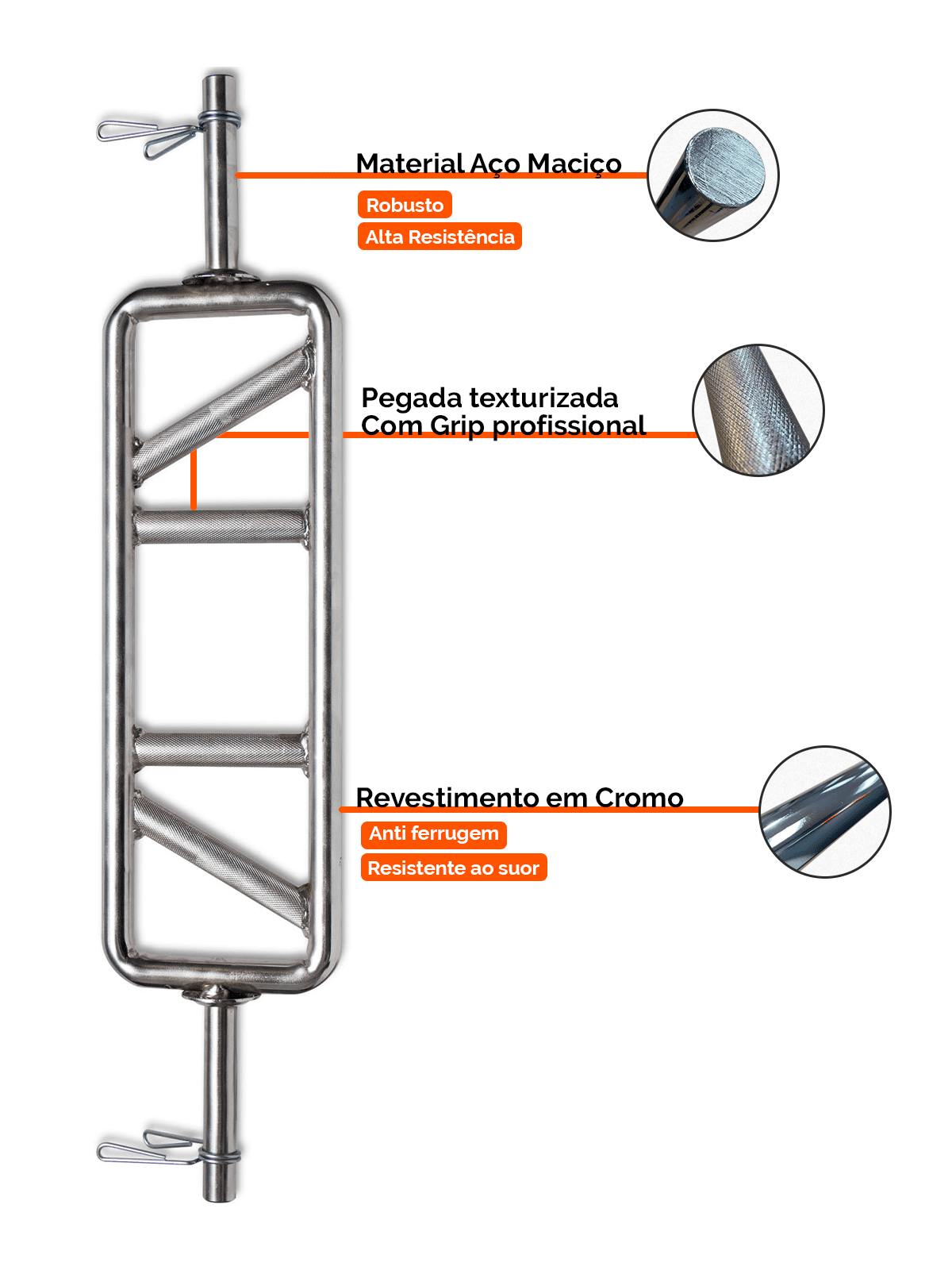 Barra H Maciça Com Presilhas 84cm Cromada 25,40mm - Imagem 3
